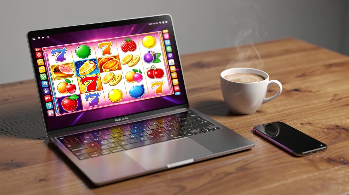 A laptop sits on a wooden desk, showcasing vibrant slot game reels on its screen, accompanied by a steaming cup of coffee and a smartphone. This cozy setup suggests a relaxing environment for enjoying online casinos, particularly those that are non Gamstop and offer exciting casino games.