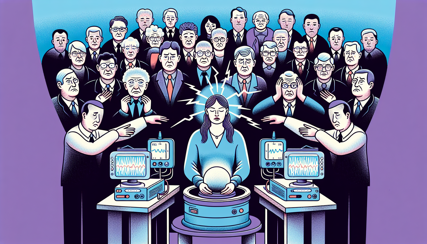 Illustration of a psychic medium surrounded by skepticism and attempts to obtain scientific proof