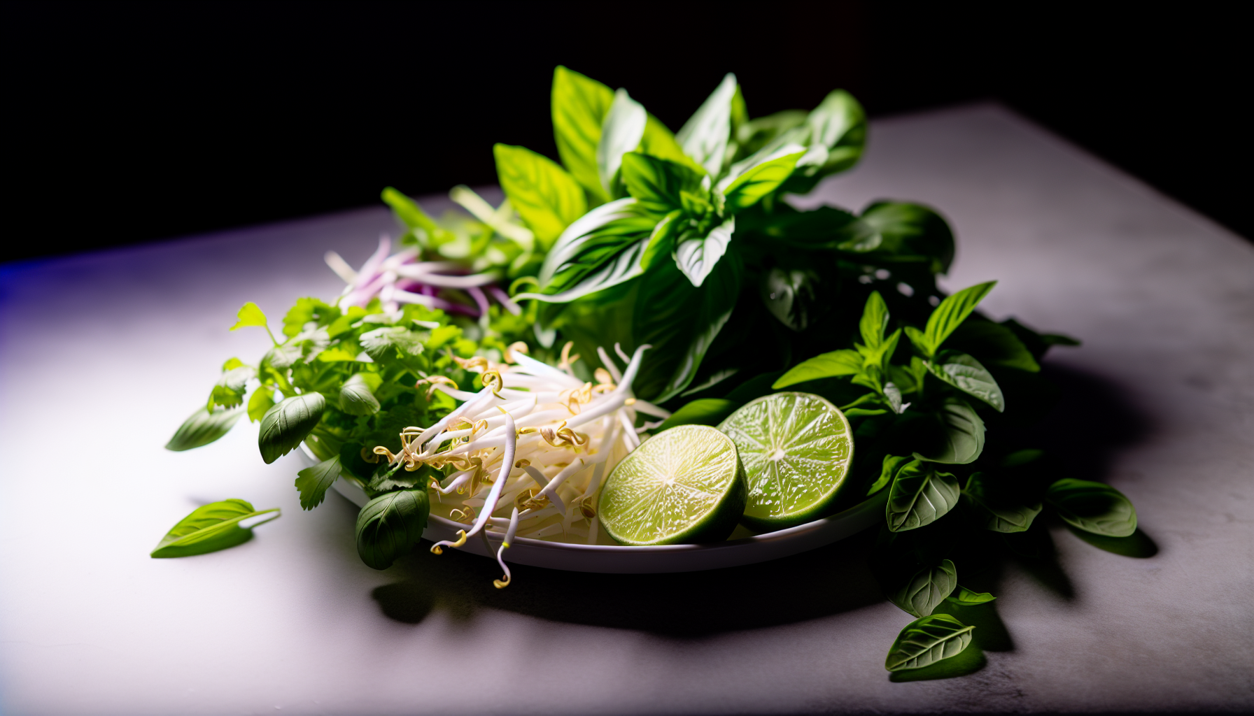 Fresh herbs, bean sprouts, and lime wedges for garnishing Vietnamese pho