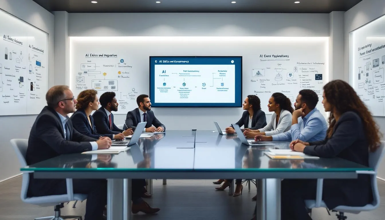 In a modern conference room, a diverse group of policymakers and technologists engage in a discussion about AI governance, focusing on topics such as artificial intelligence, machine learning, and the ethical implications of AI development. The atmosphere is collaborative, with participants sharing valuable insights on advanced AI models and their impact on society.