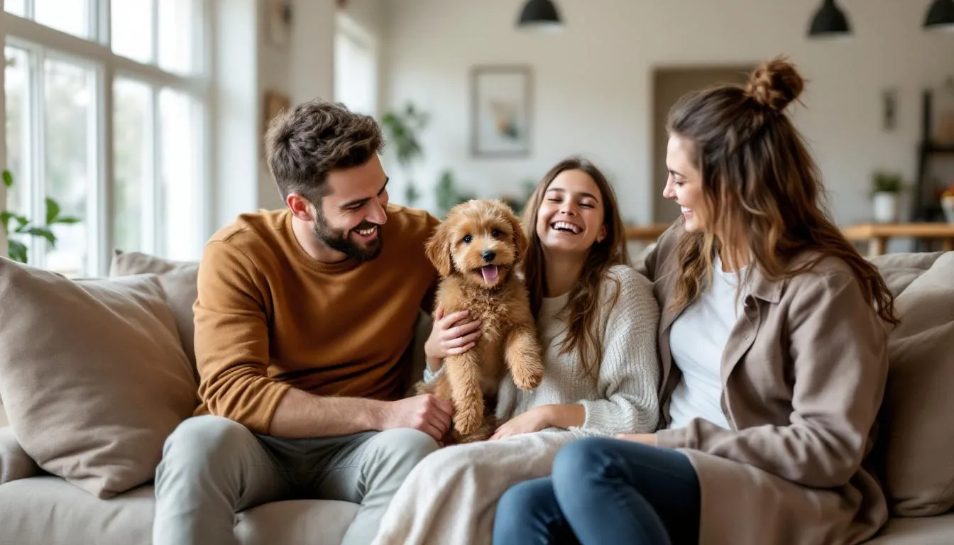 A joyful family is gathered in their apartment, playing with an adorable micro goldendoodle puppy, showcasing the puppy