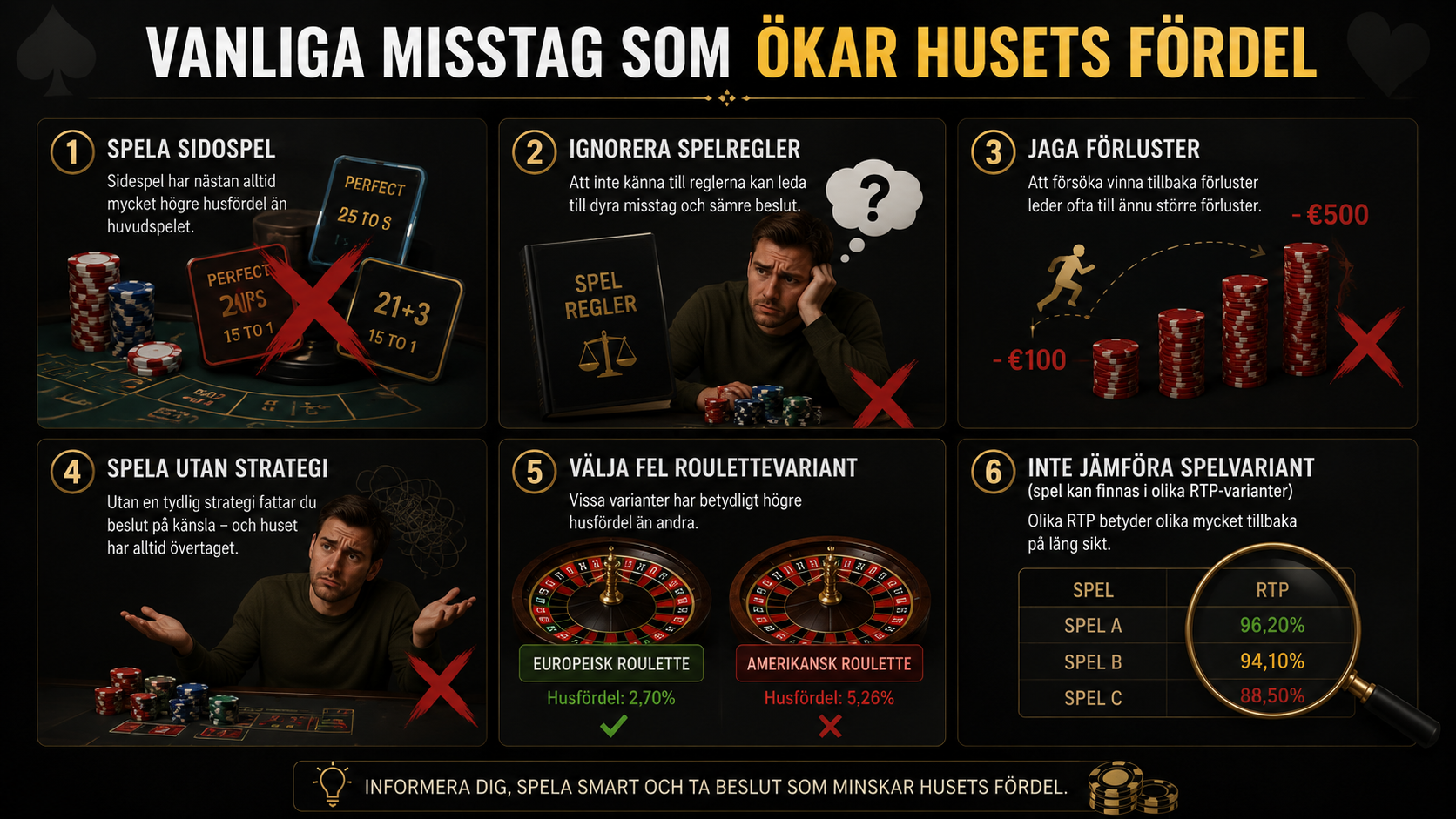 Infografik över vanliga misstag som ökar husets fördel på casino, inklusive sidospel och fel roulettevariant.
