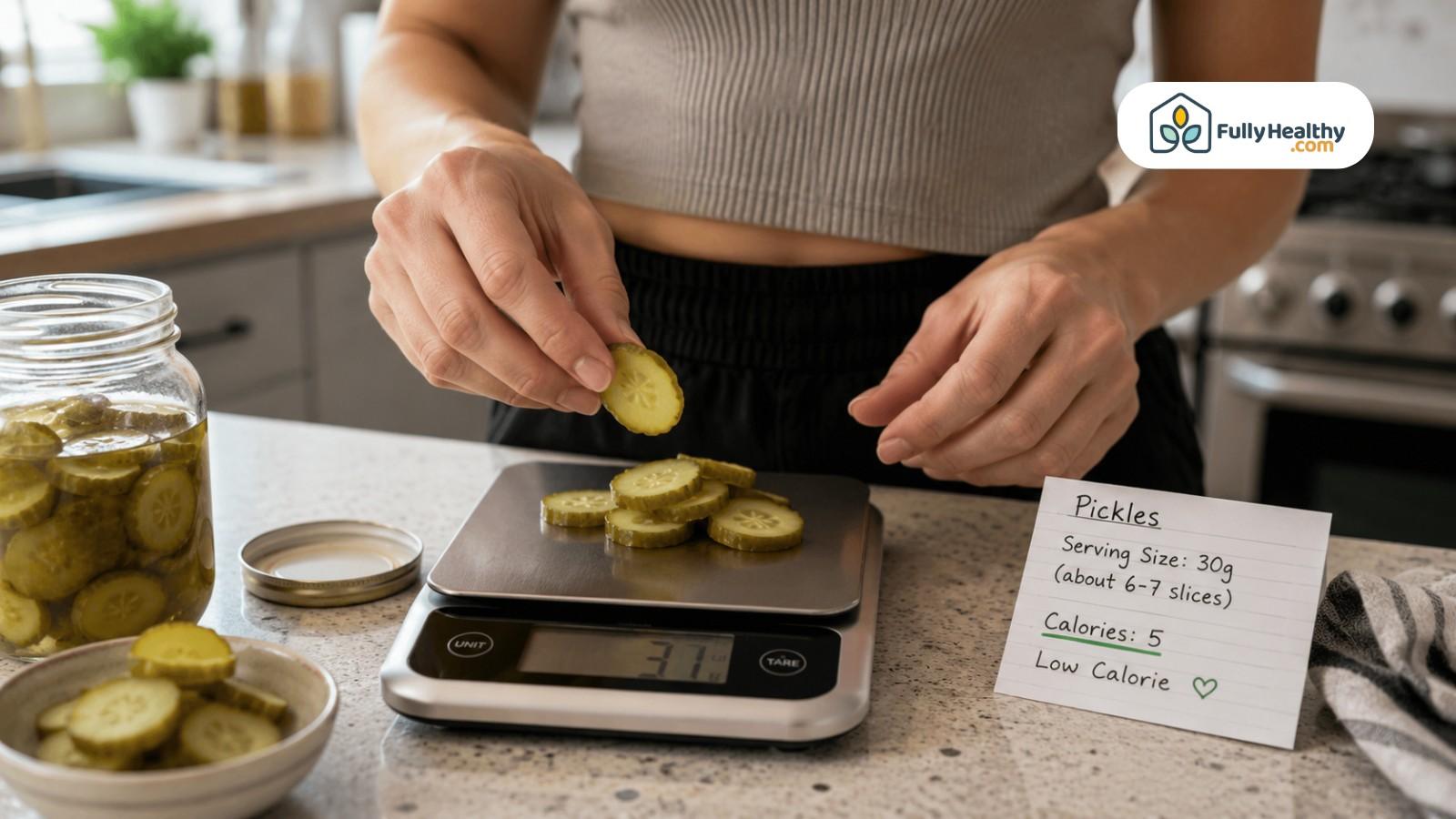 Person weighing pickle slices on a kitchen scale with low calorie serving note