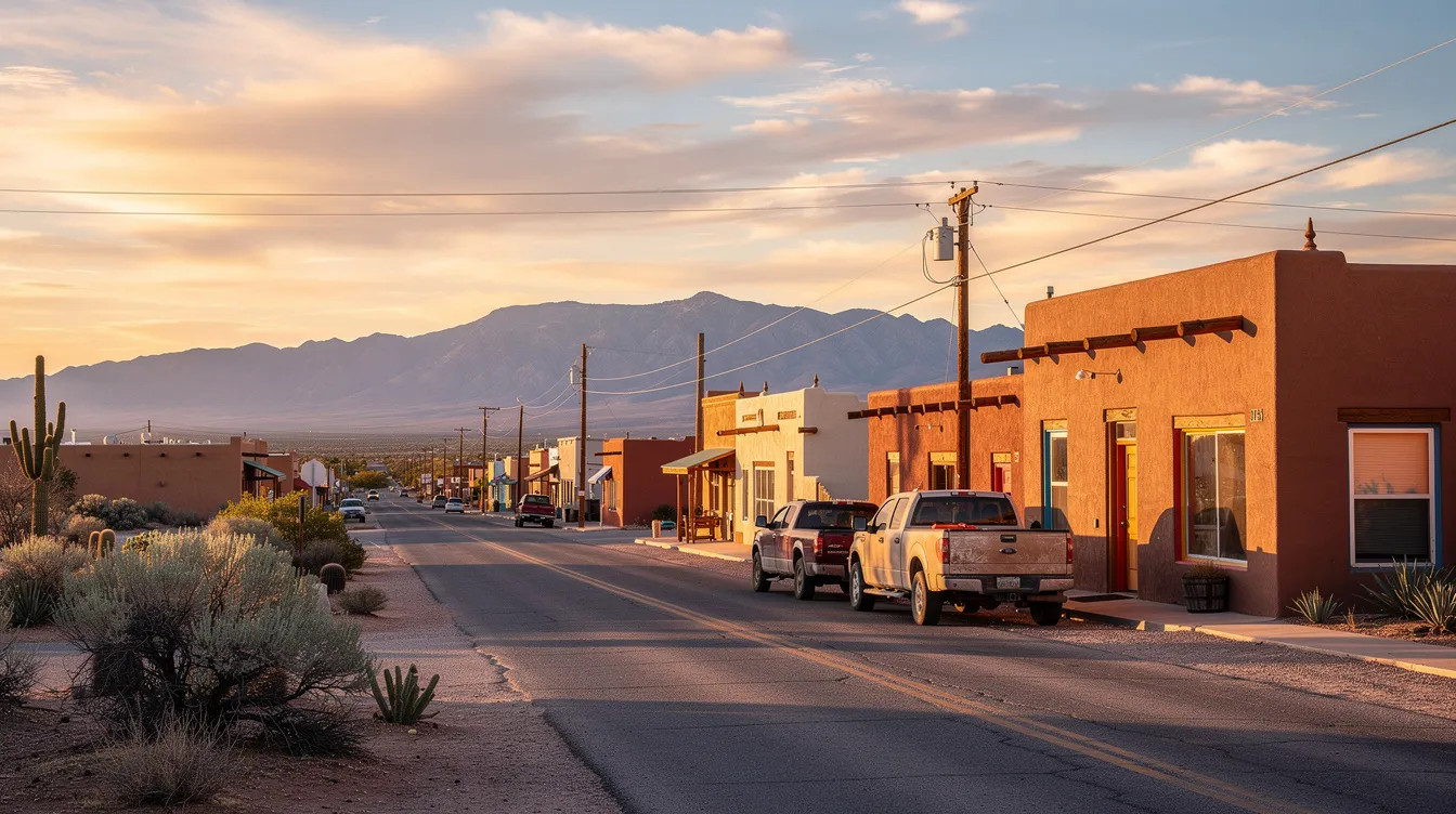 The image depicts a quaint New Mexico town characterized by traditional adobe buildings, bathed in the warm glow of golden hour, with distant mountains creating a serene backdrop. This picturesque scene evokes a sense of community and tranquility, reminiscent of the close-knit towns where families may seek the guidance of experienced wrongful death attorneys in navigating the complexities of a wrongful death lawsuit.