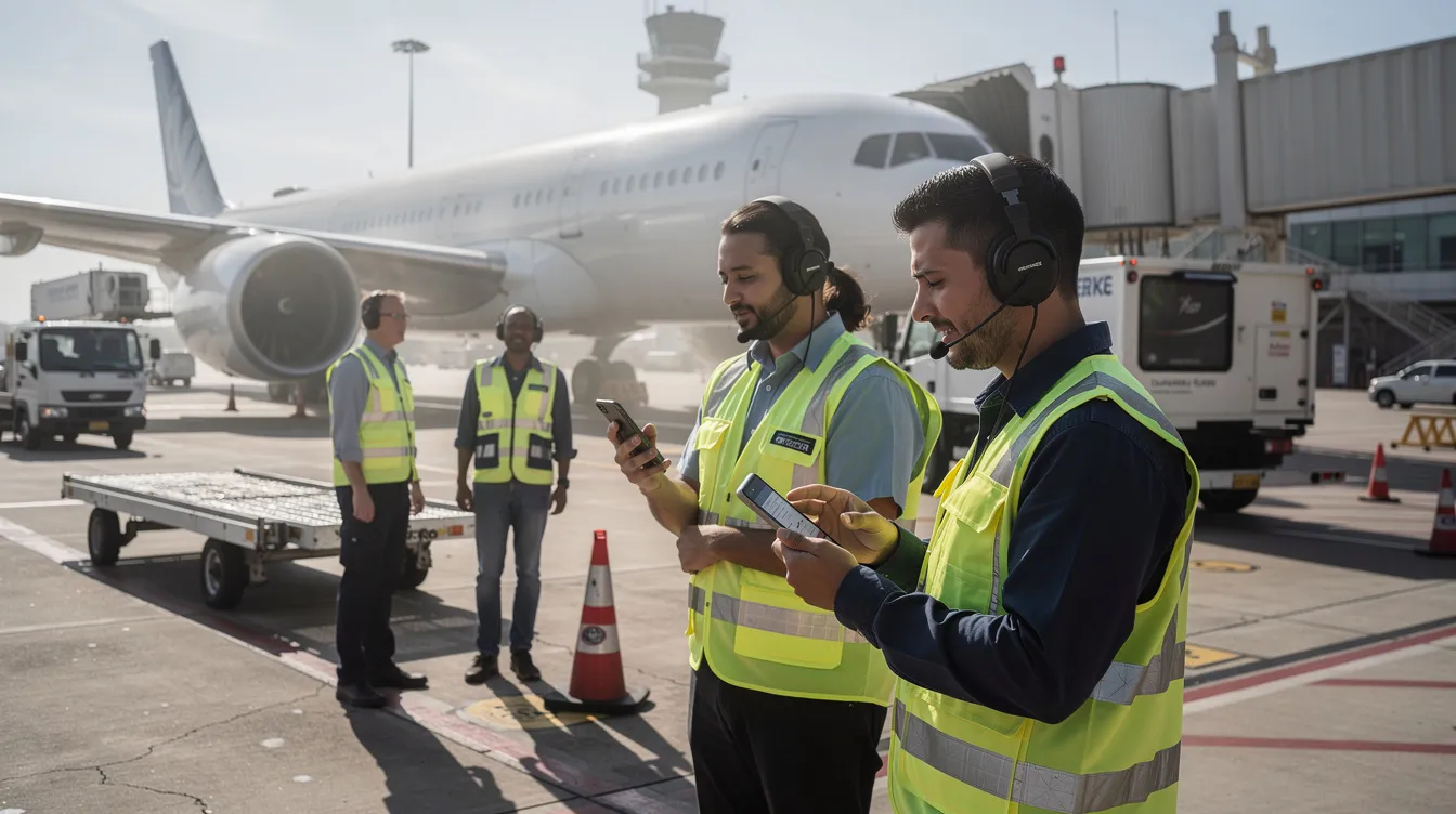 Airport staff are seen using a mobile device near aircraft service vehicles, actively managing ground handling operations in real time. This scene highlights the importance of workforce management in the aviation industry, where efficient planning and staffing are critical for meeting operational demands.