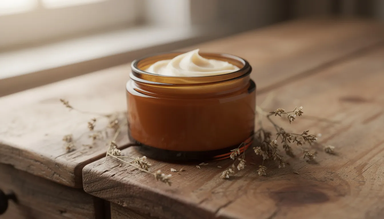 An amber glass jar filled with creamy beef tallow balm sits on a wooden vanity, surrounded by dried herbs, showcasing its natural ingredients and moisturizing benefits for various skin types, including acne-prone and dry skin. This tallow balm, rich in essential vitamins and fatty acids, offers deep hydration and skin repair while potentially reducing inflammation and clogged pores.