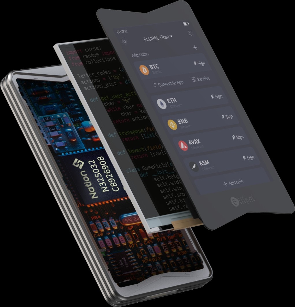 An air-gapped hardware wallet displays a QR code transaction interface, showcasing a secure device designed for maximum security in managing digital assets. This cold wallet ensures private keys remain offline, providing a safe way to send and store crypto assets without exposure to online threats.