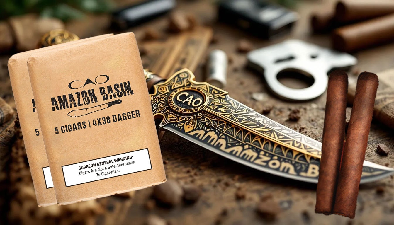 Close-up of a CAO Amazon Basin Dagger with a blurred background of cigar accessories.