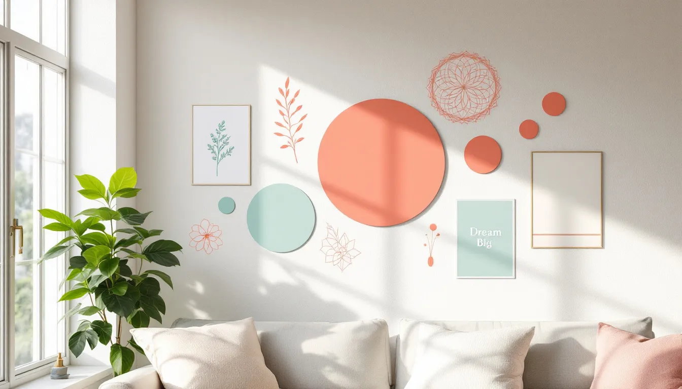 A stylish gallery wall featuring removable wall decals and wall art, showcasing how to decorate a rental without making permanent changes.