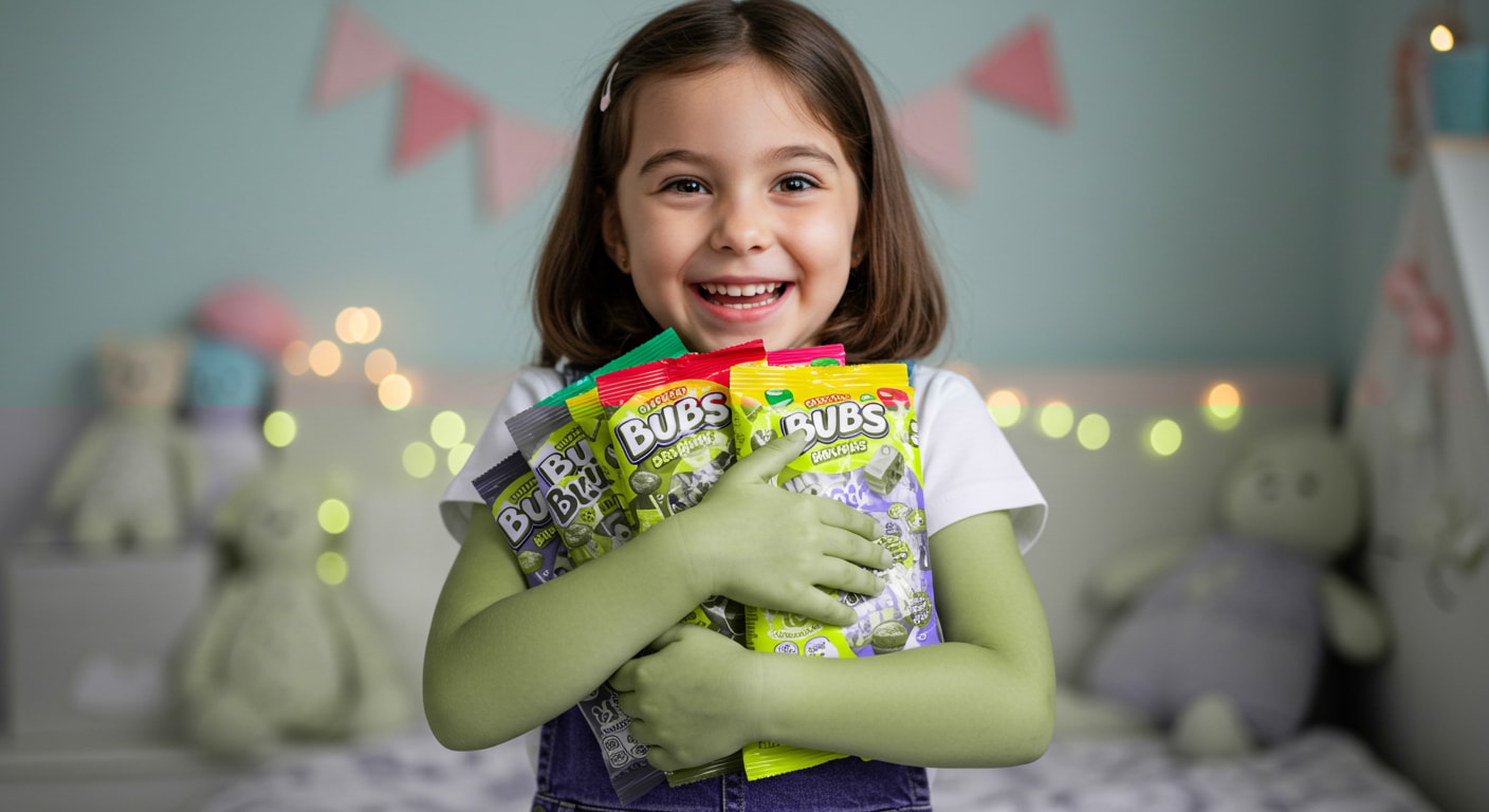 A young girl holding many packs of Swedish BUBS candy in her arms