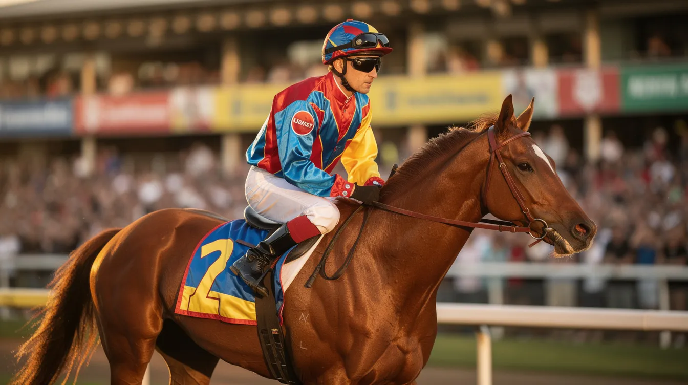 A vibrant jockey dressed in colorful racing silks sits confidently atop a horse, poised for a major race at the Aintree Grand National course. The atmosphere is electric as anticipation builds for the year's Grand National event, showcasing the excitement of horse racing and the skilled national runners preparing to compete.