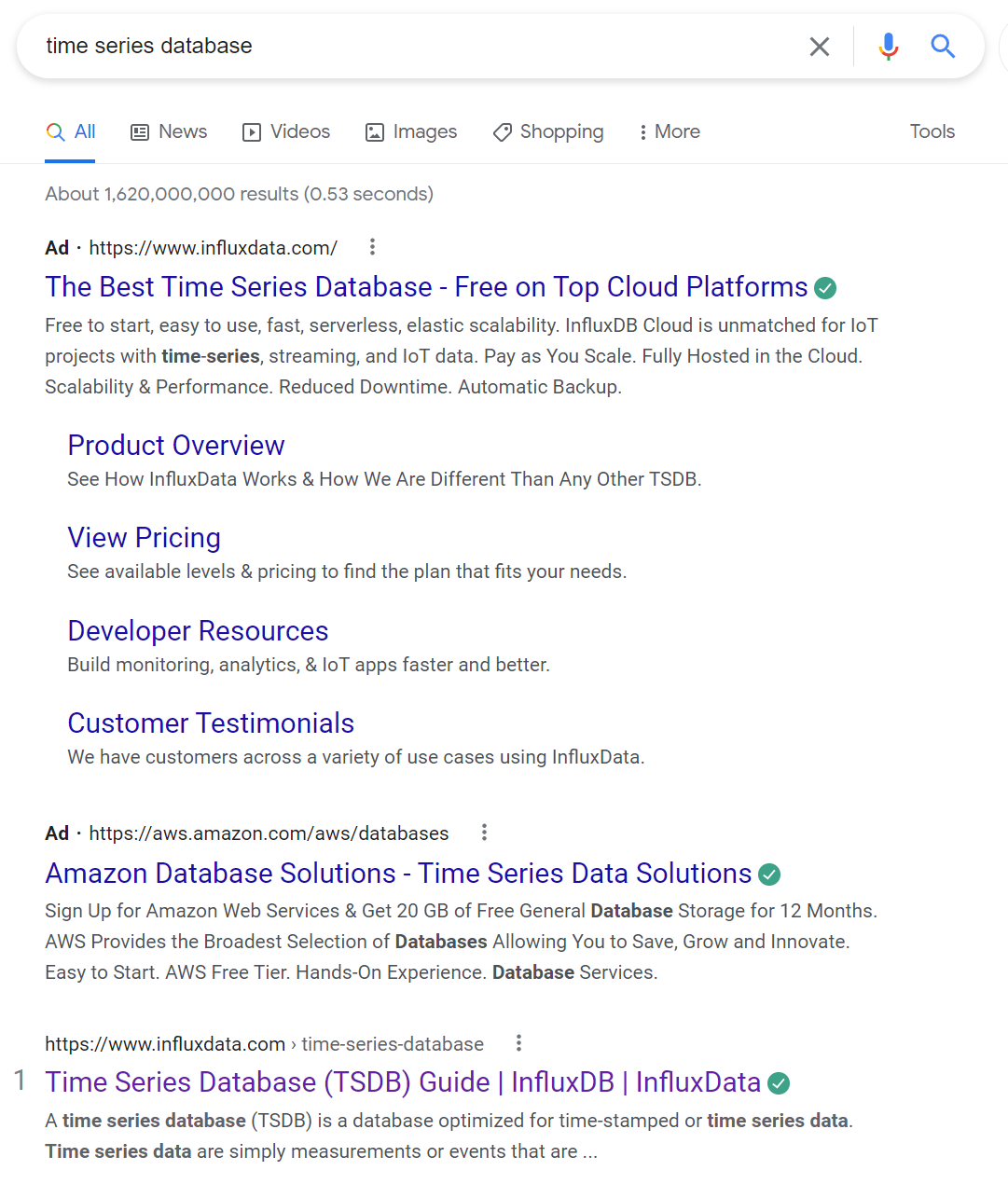 InfluxData Google Ads Example for "time series database".