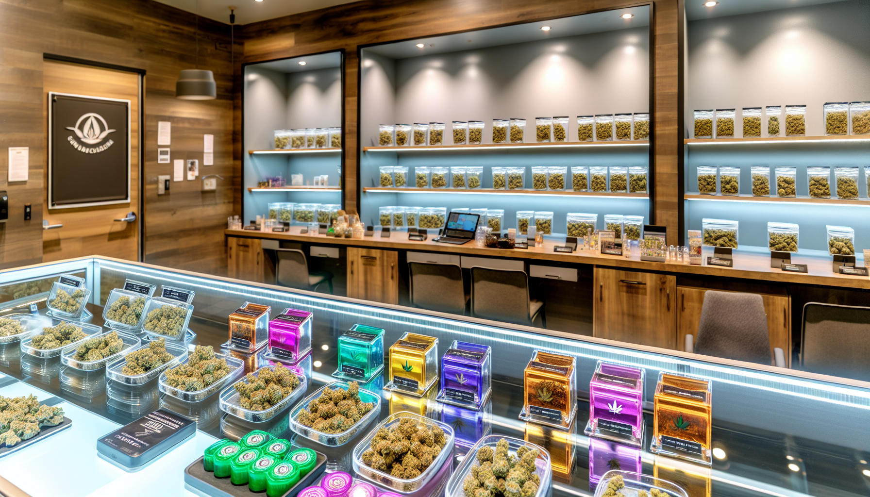 Vibrant display of top-shelf cannabis products in a well-lit dispensary