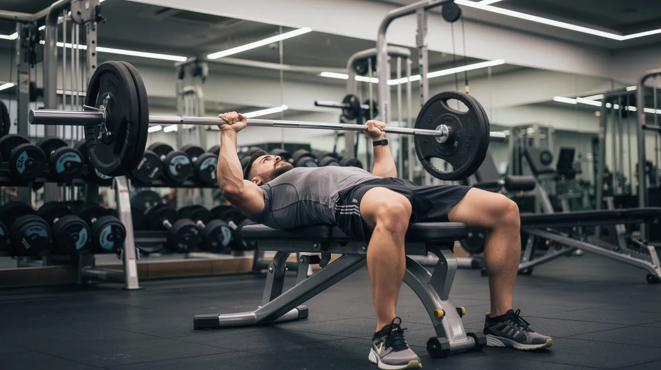 The image shows a man performing a bench press exercise in a well-lit gym, showcasing his masculine chest contour and focused expression. The scene highlights the importance of exercise in achieving a fit physique and potentially addressing concerns like puffy nipples in men.