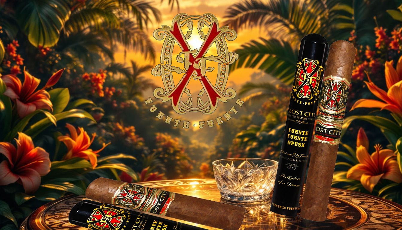 A scenic outdoor setting with a Fuente Fuente OpusX Lost City Double Robusto Tubo cigar resting on a table.