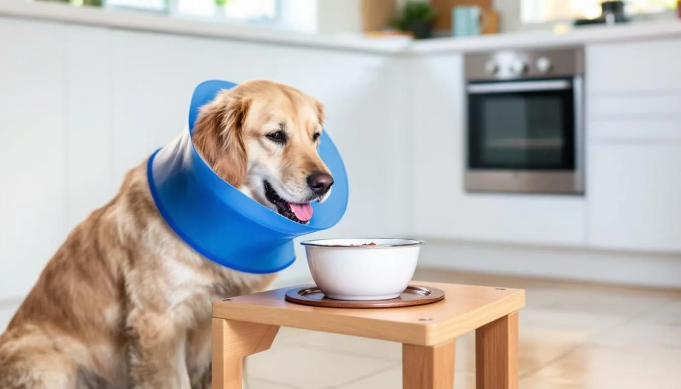 A small dog is eating from an elevated food bowl while wearing a traditional plastic cone, also known as an Elizabethan collar, to prevent licking at a leg wound. The cone restricts the dog