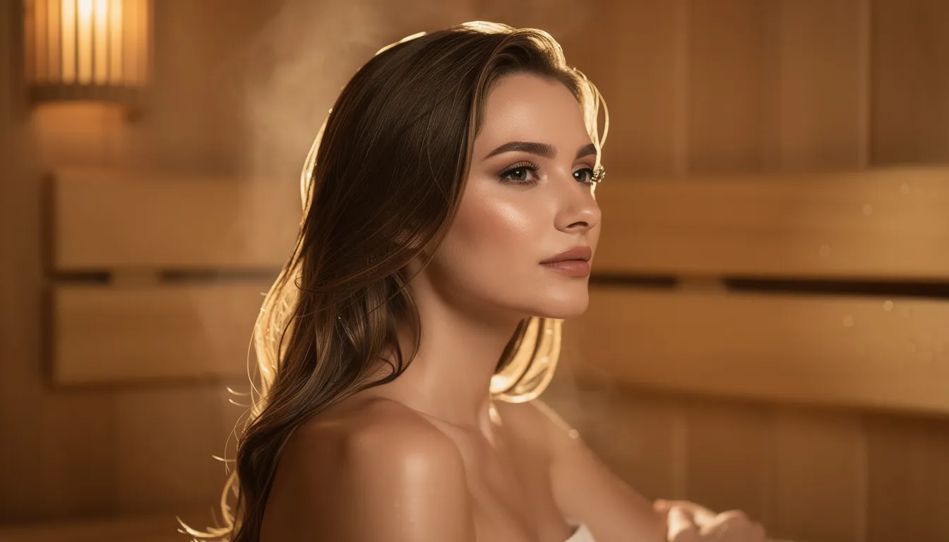 A person with nice hair is relaxing in a full spectrum infrared sauna, enjoying the health benefits of infrared heat for muscle recovery and skin health. The cozy indoor sauna setup promotes relaxation and detoxification, creating a comfortable experience for wellness.