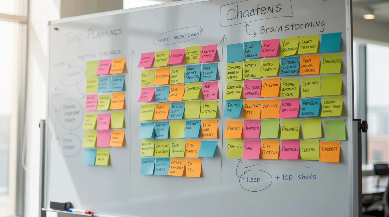 Auf einem weißen Board sind bunte Haftnotizen in Gruppen angeordnet, die Ideen für Blogbeiträge und Themenplanung darstellen. Diese visuelle Darstellung symbolisiert den kreativen Prozess von Content-Erstellern, die Inhalte für ihre Zielgruppe entwickeln möchten.