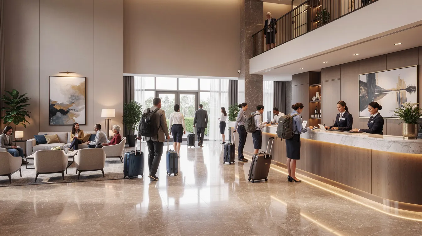 2e37c6fb 4a85 42d3 8b9f 39bd6af21f8c The image depicts a bustling hotel lobby with a reception desk where guests are checking in, surrounded by various travelers and luggage, creating a lively atmosphere. The scene captures the essence of hospitality and the busy operations typical of a hotel's front office.