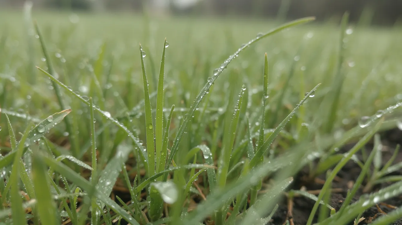 A close-up image showcases vibrant green grass blades adorned with glistening water droplets, highlighting the healthy growth of the lawn after rain. This lush scene emphasizes the importance of soil health and the right nutrients for maintaining an established lawn, especially during the active growing season of spring and summer.