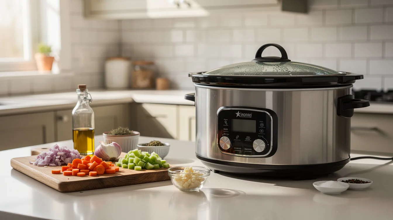 The image shows a slow cooker placed on a kitchen counter, surrounded by various cooking ingredients such as cannabis flower, coconut oil, and unsalted butter, which are commonly used for making cannabutter and cannabis edibles. This setup suggests a preparation process for creating infused food products, highlighting the importance of measuring proper dosages for effective consumption.