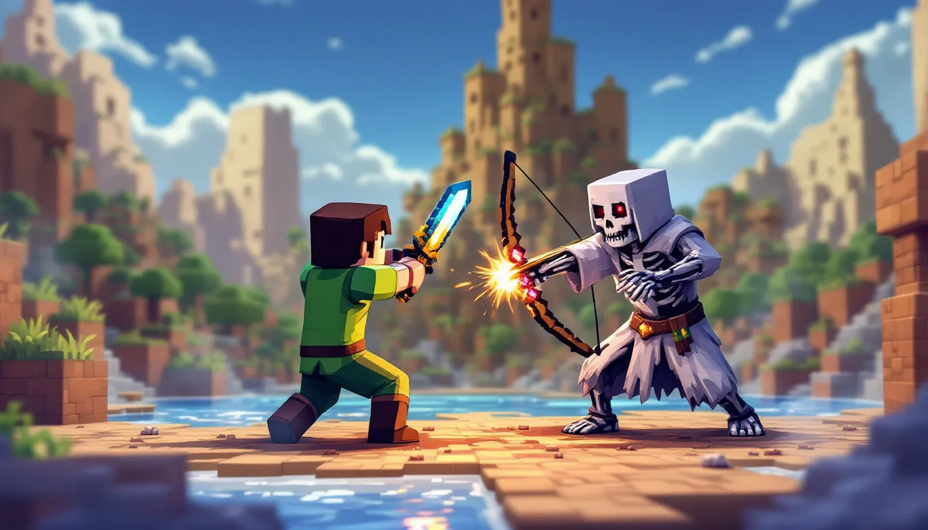 A dynamic combat scene in Minecraft showcasing players engaging in battle.
