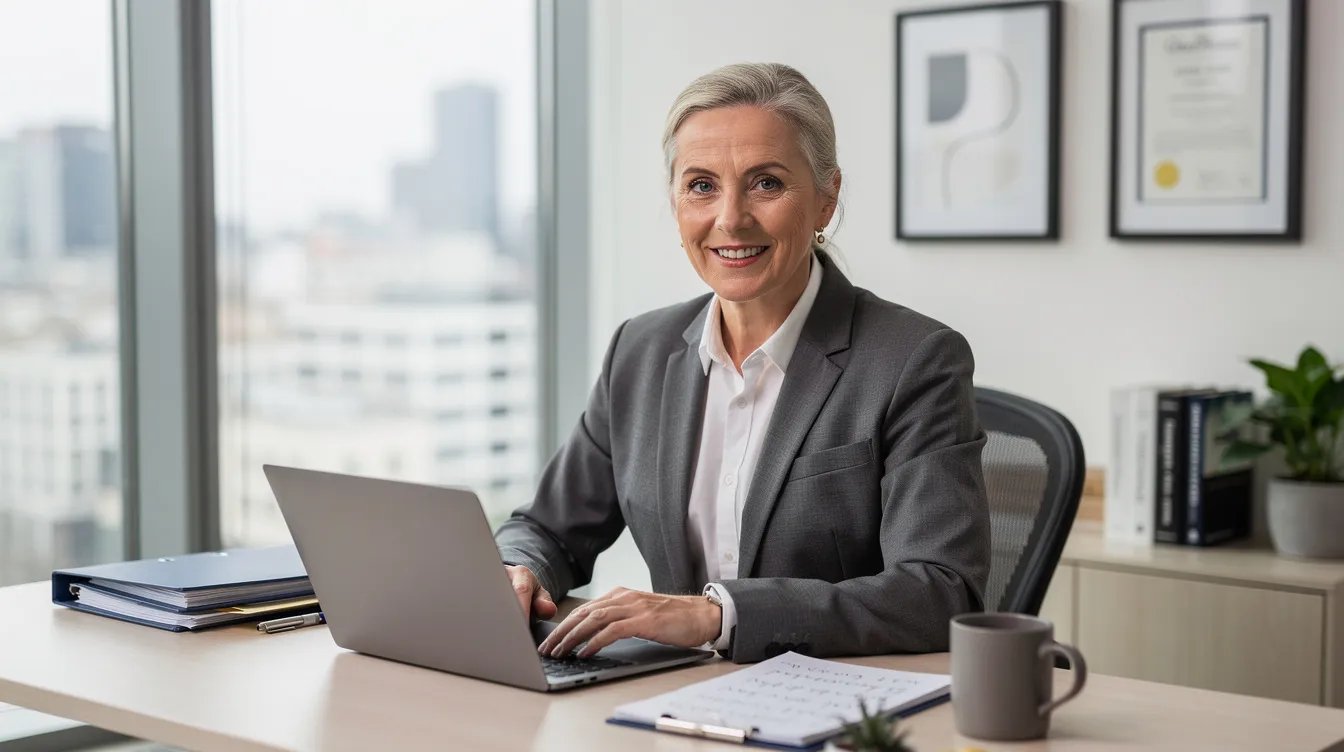 The image depicts a small business owner in their late 50s working diligently in a professional office setting, likely planning for their retirement. This scene highlights the importance of retirement savings and financial planning as they consider their retirement income and investment strategies for a secure financial future.