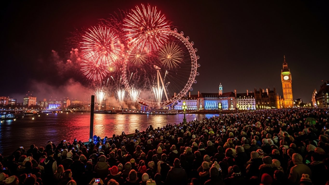 London Eye and Thames waterfront with New Year’s Eve fireworks and winter crowds celebrating.
