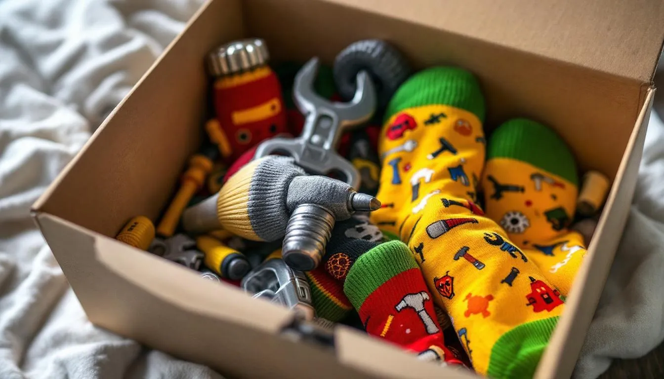 Na zdjęciu znajdują się oryginalne skarpety z motywami narzędzi, starannie zapakowane w eleganckie pudełko. To wyjątkowy prezent, który świetnie sprawdzi się jako upominek dla taty na urodziny, łącząc praktyczność z zabawnym designem.