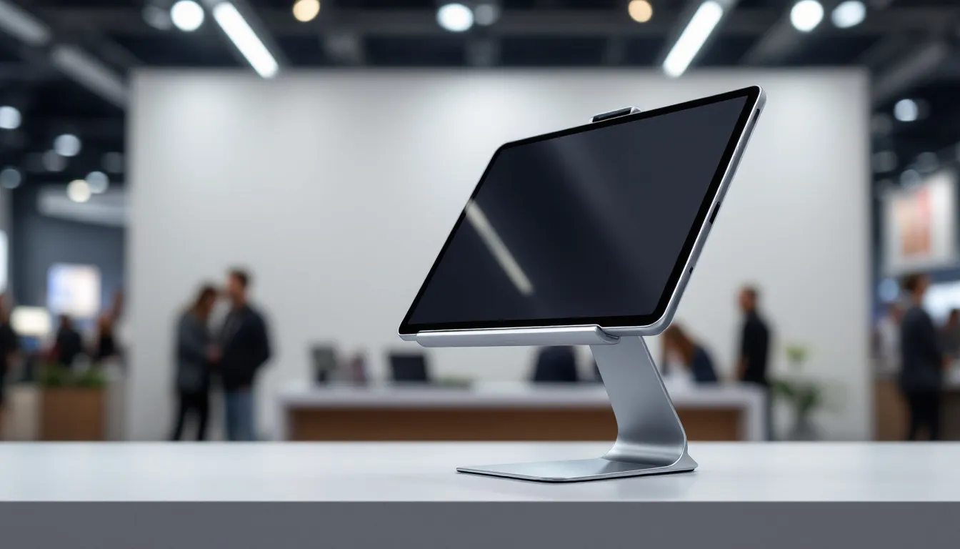Vorteile der Nutzung von Tabletständern auf Messen, mit einem Fokus auf Stabilität und Präsentation.
