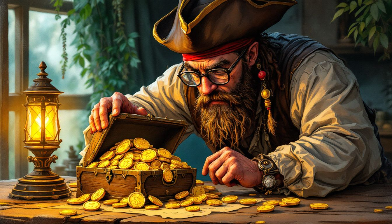 An expert examining pirate gold coins for authenticity.