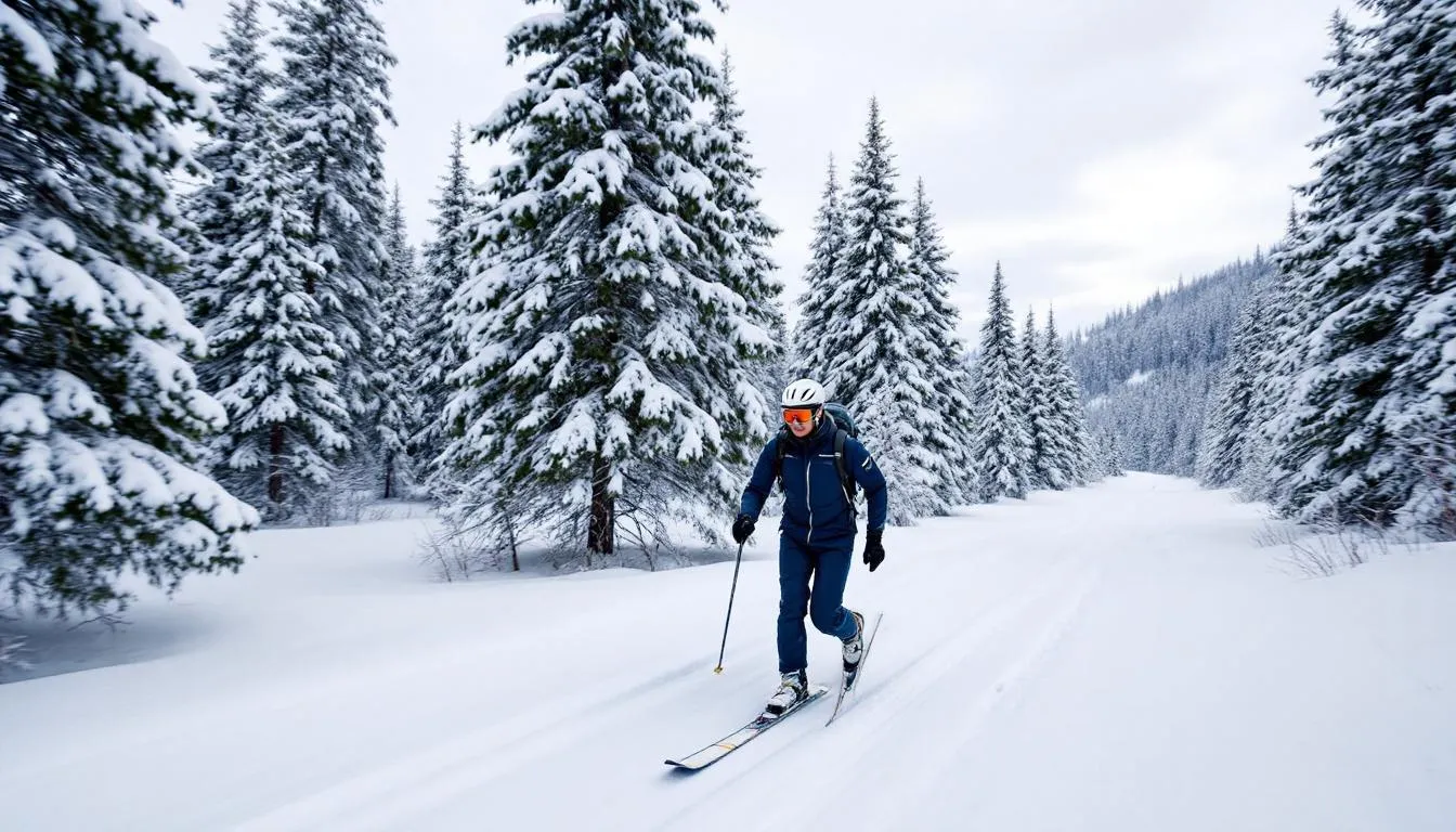 Cross-country skier gliding through a snow-covered forest trail in West Virginia’s Canaan Valley.