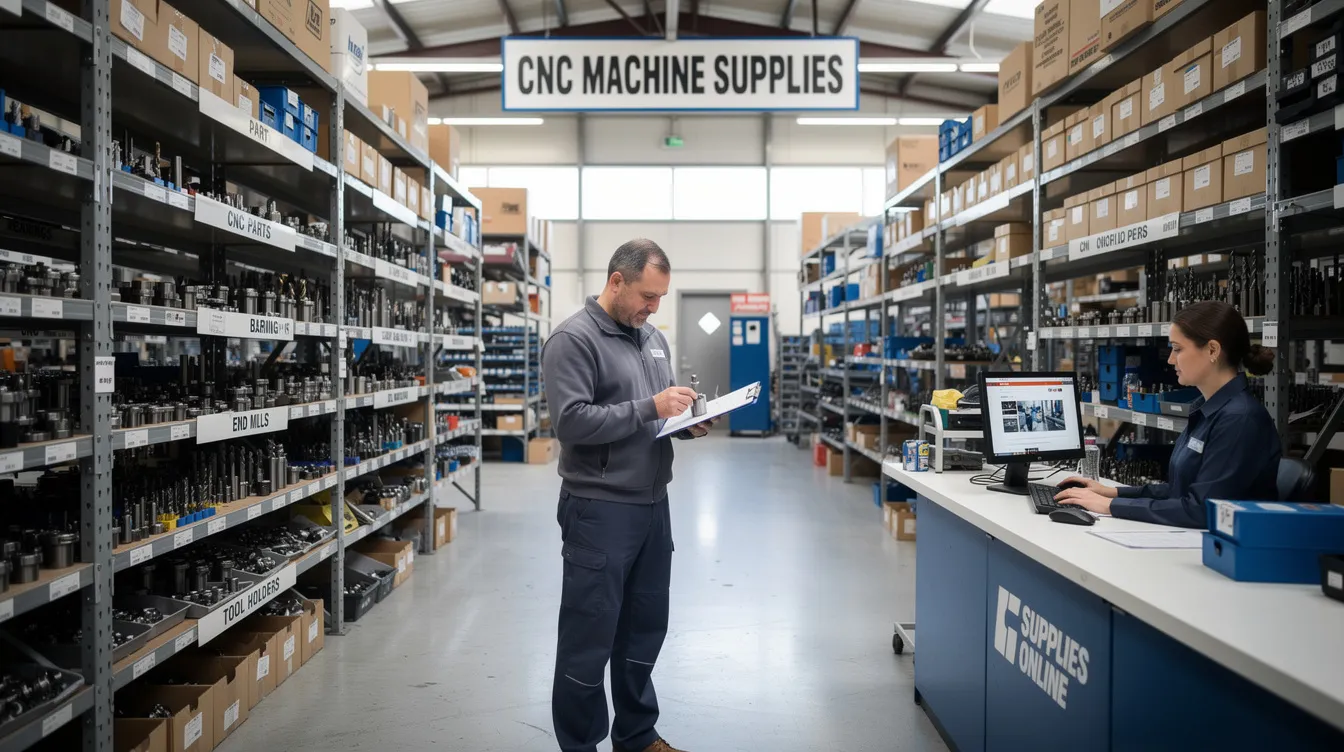 The image depicts a well-organized CNC parts department showcasing various reliable CNC machine supplies and parts, including cutting tools, motors, and accessories designed for computer numerical control operations. This setup emphasizes the importance of quality and efficiency in manufacturing processes, with a focus on fast shipping and routine maintenance for optimal performance.