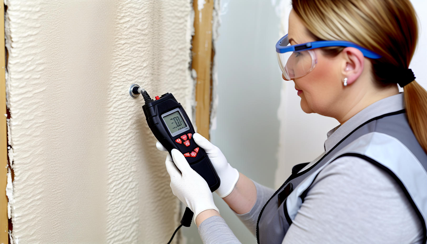 Handheld non-penetrating moisture meter assessing drywall
