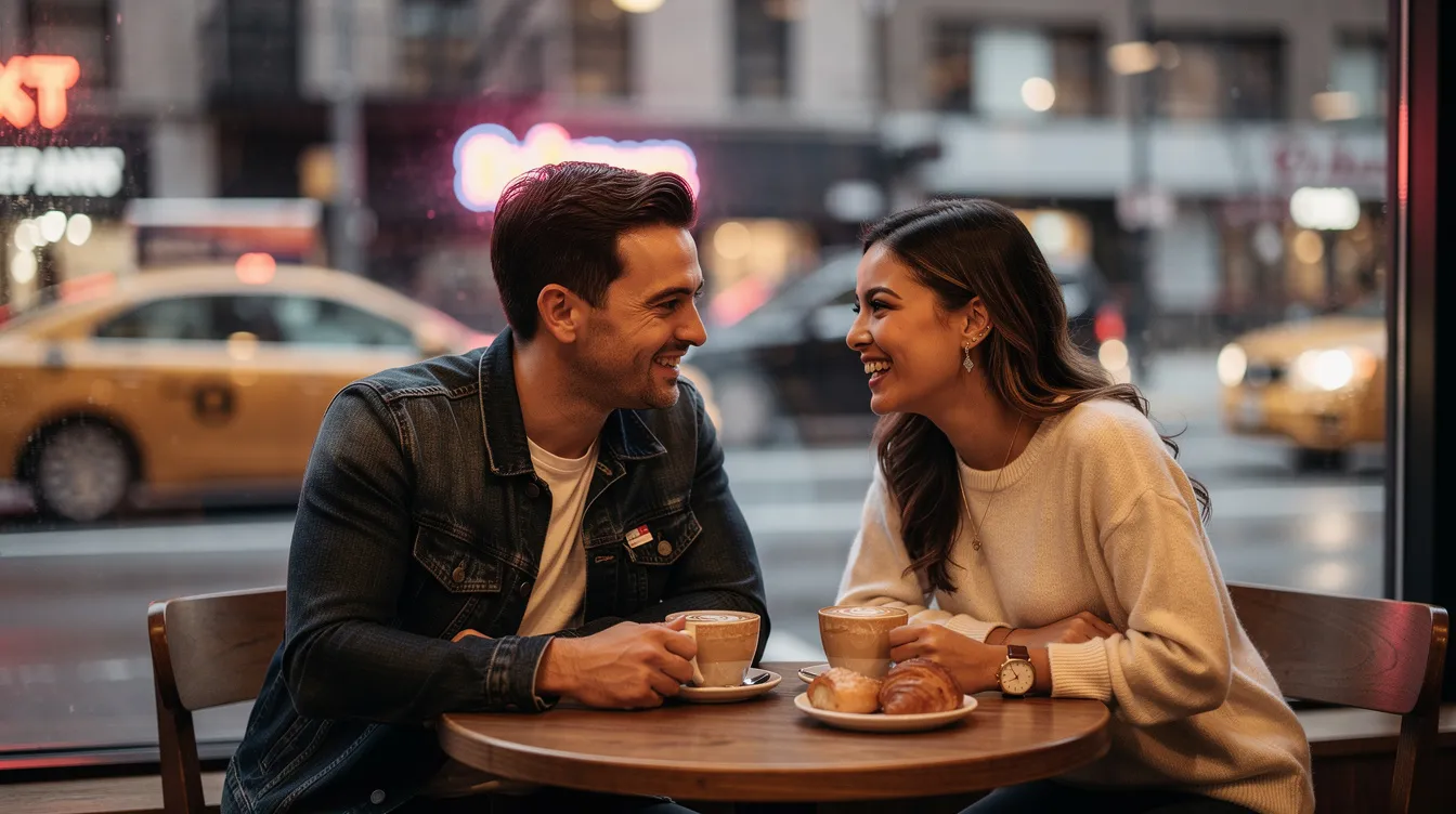 A couple sits closely together at a small table in a cozy New York City coffee shop, enjoying each other's company on their first date. They share smiles and laughter, creating a warm atmosphere filled with the aroma of freshly brewed coffee, making it a great setting for fun first date ideas.