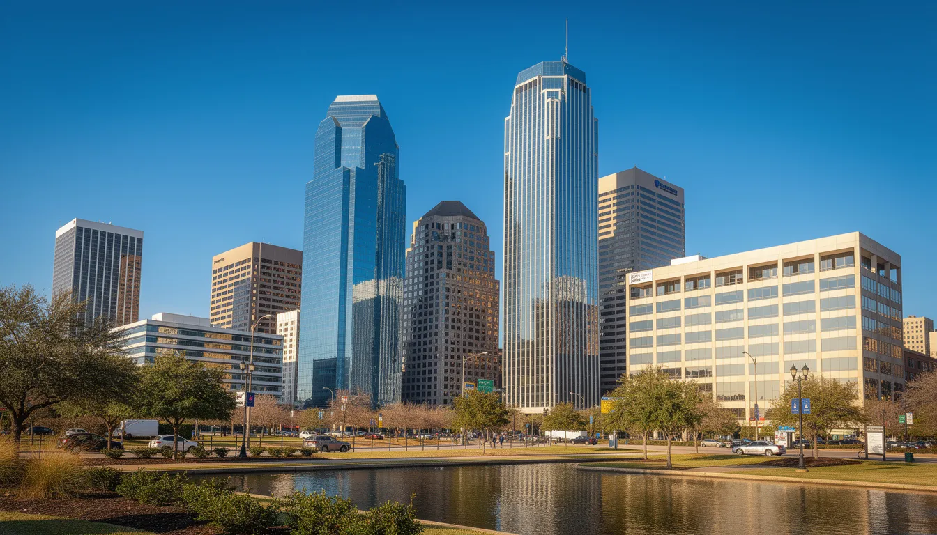 The image depicts the Houston skyline featuring various commercial buildings against a backdrop of clear blue skies, showcasing the vibrant city atmosphere. This view represents the commercial properties in Houston, where businesses thrive and may require services like fire damage restoration or water damage restoration in the event of disasters.