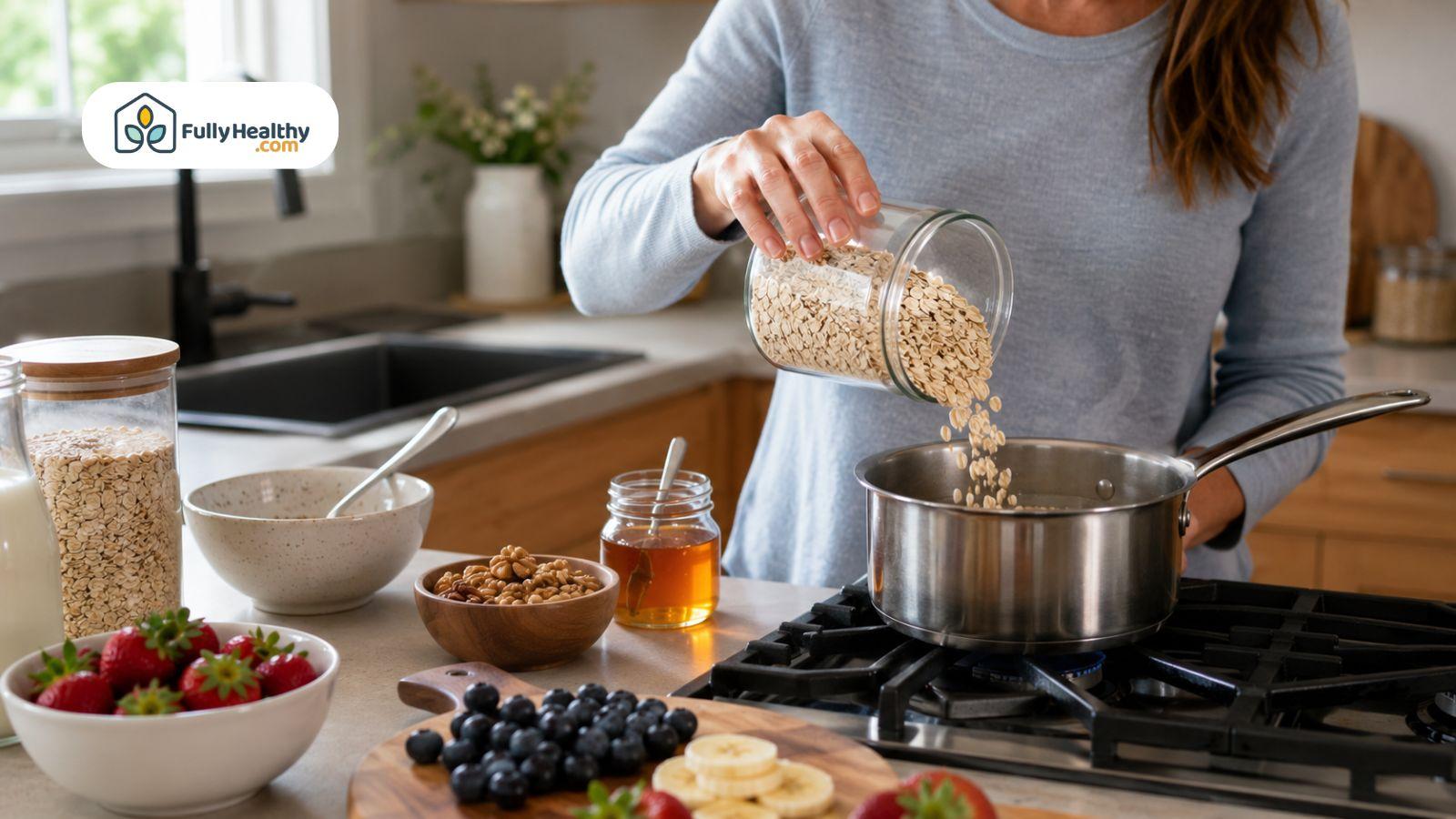 Person pouring rolled oats into saucepan with fresh fruit and walnuts nearby.