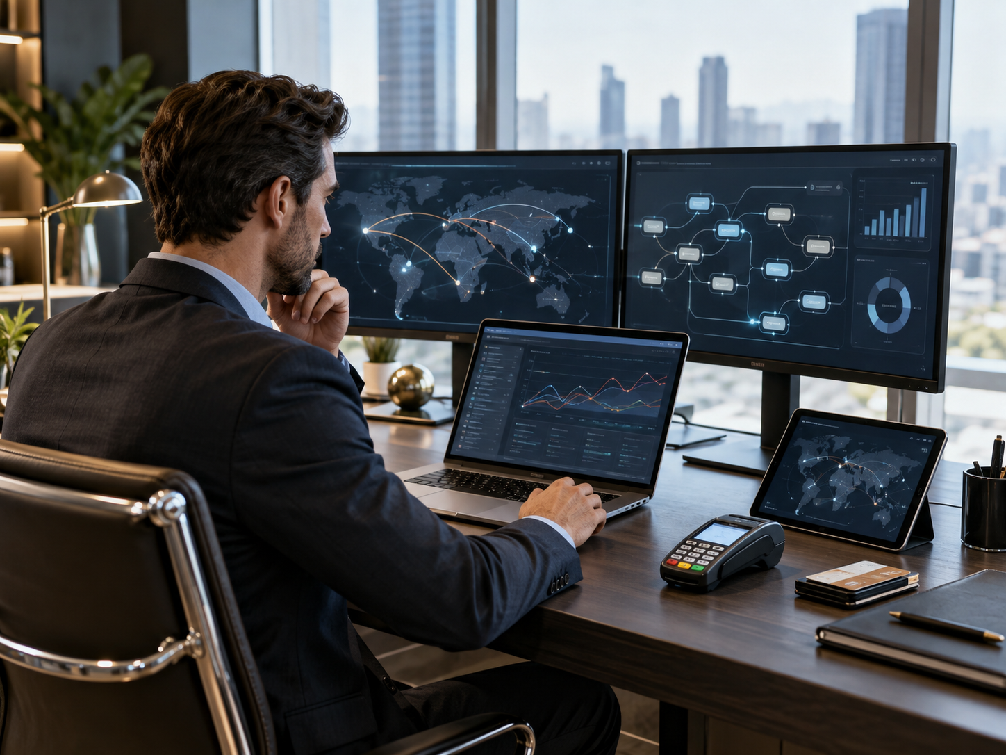 Business professional monitoring multiple payment systems and workflows across several screens in a modern office.