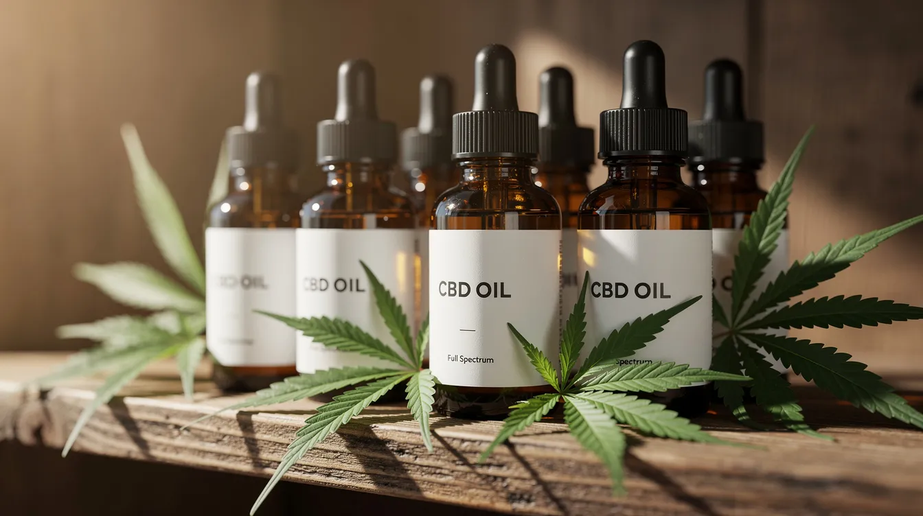 The image features several amber-colored CBD oil tincture bottles neatly arranged on a wooden shelf, accompanied by fresh hemp leaves, highlighting the natural origins of these hemp-derived products. This display emphasizes the increasing popularity of CBD oils within the context of Texas CBD laws and consumer safety.