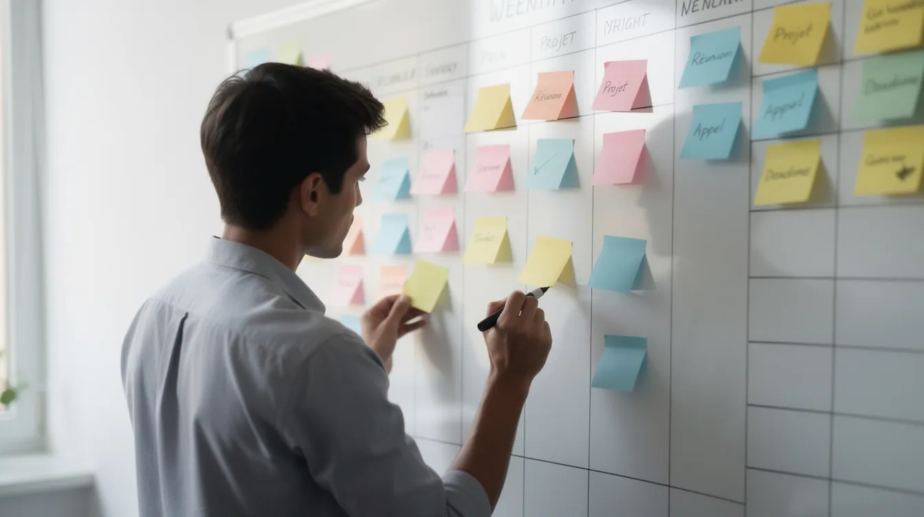 Une personne est en train d'organiser un planning sur un tableau blanc, utilisant des post-it colorés pour structurer des idées et des étapes pour la prospection commerciale. Cette activité vise à définir une stratégie pour trouver de nouveaux clients et optimiser le chiffre d'affaires de l'entreprise.