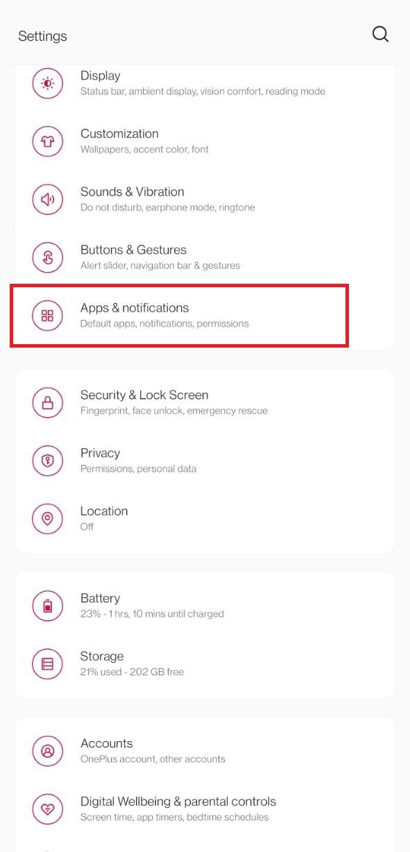 Apps and notifications options in the settings app.