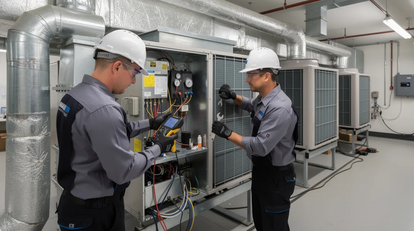 A team of professional technicians is performing maintenance on a commercial air conditioning system, ensuring the air conditioning unit operates efficiently. They are equipped with tools and are focused on providing quality aircon services to enhance energy efficiency and cooling solutions for businesses in the area.
