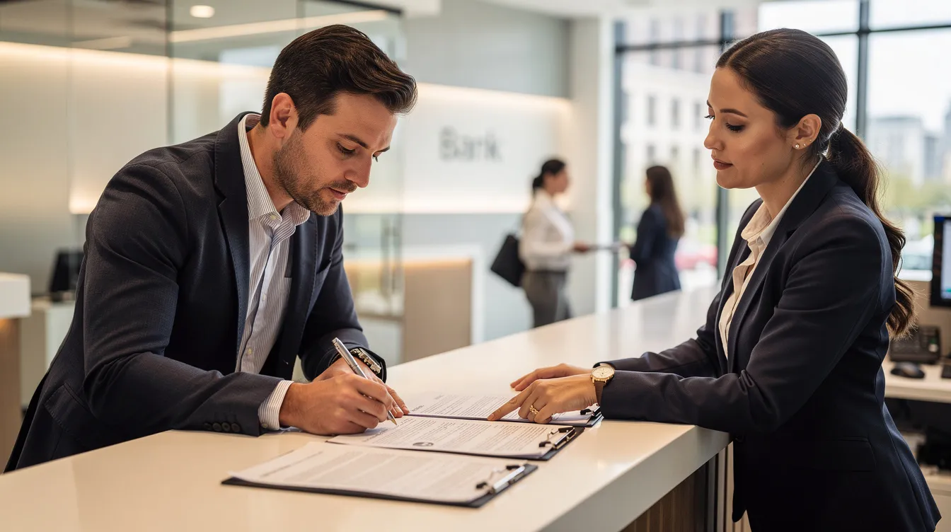 2e51ef84 6dfe 477a b061 87910ac12fc5 A small business owner is seated at a bank branch counter, carefully reviewing loan documents related to their business loan application. The scene captures the financial process of securing funding, highlighting the importance of understanding eligibility criteria and preparing a detailed project report for the msme mudra loan.