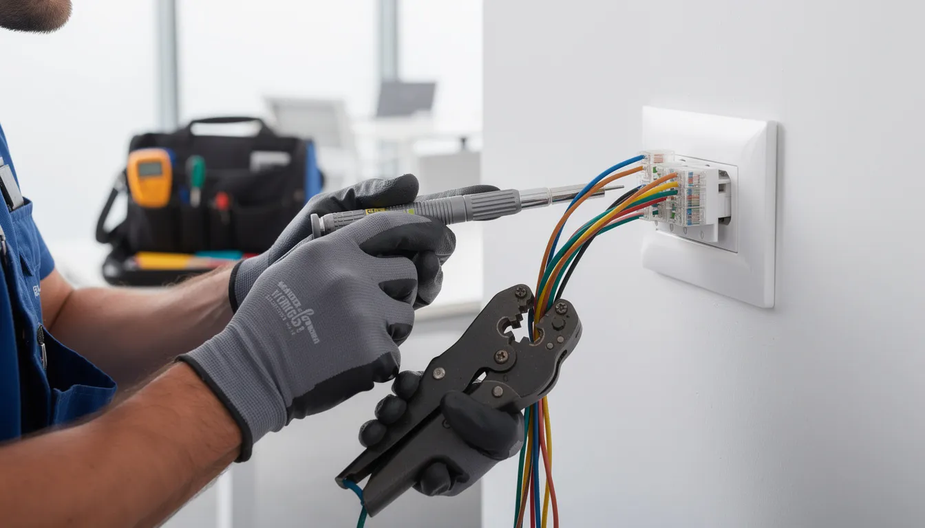 An electrician is seen installing a network wall outlet using professional tools, ensuring proper data cabling for seamless connectivity in a business or home environment. The image highlights the importance of technology and setup in maintaining reliable network services.