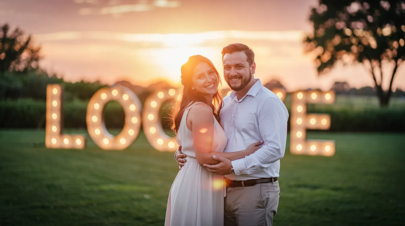 Engaged couple holding each other in front of light-up MARRY ME letters
