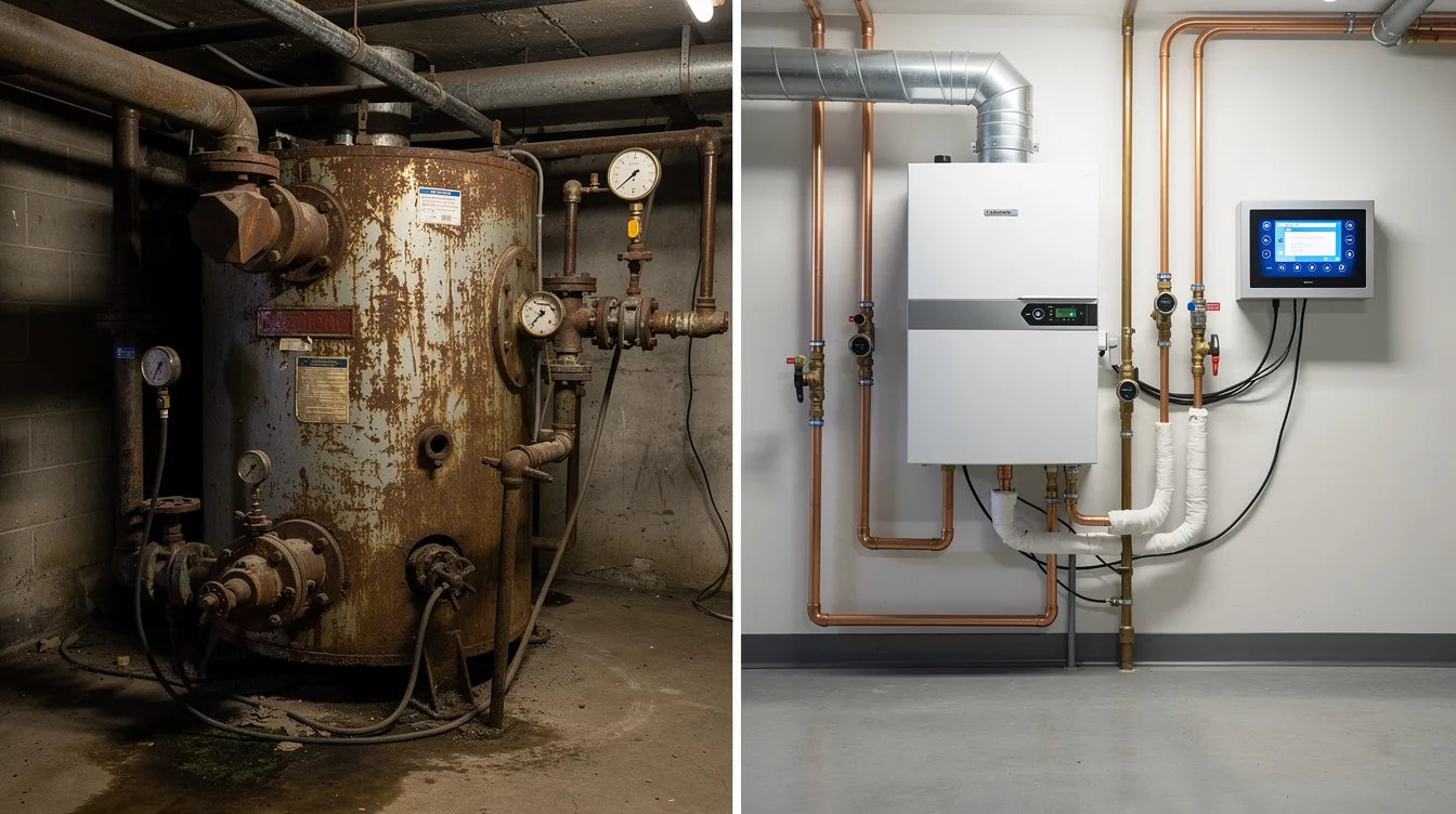 The image shows a side-by-side comparison of an older industrial boiler in a basement mechanical room, characterized by its bulky design and outdated controls, next to a modern high-efficiency heating system with sleek, clean piping and digital controls. This contrast highlights the importance of energy efficiency and compliance with NYC building regulations, particularly for property owners looking to meet local law requirements and reduce energy consumption in residential buildings.