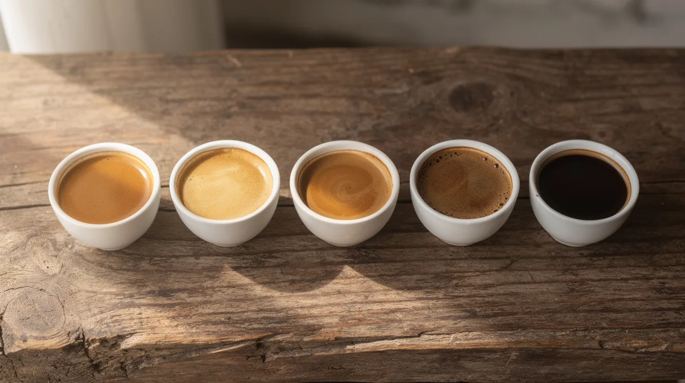 The image shows five small cups of kona coffee arranged neatly in a row on a rustic wooden table, ready for a tasting session. Each cup contains a different brew, showcasing the rich flavors and aromas of kona coffee, celebrated for its full-bodied flavor and grown in the volcanic soil of Hawaii's kona region.