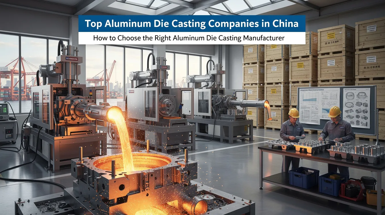 An informative graphic showcasing the top aluminum die casting companies in China, highlighting the aluminum die casting process, casting machines, and various die casting methods such as high pressure and low pressure die casting. The image emphasizes key factors for selecting a reliable aluminum die casting manufacturer, including quality control, production processes, and surface treatment options for aluminum casting parts.