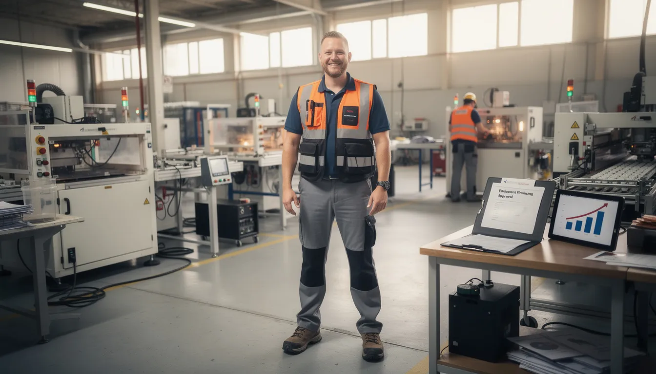 The image depicts a confident person owner standing proudly in their factory, showcasing the successful acquisition of commercial financing for the life of the the equipment to enhance their operations. This moment highlights the positive impact of funds secured through an arsenal funding review, reflecting their commitment to growth and stability in the industry.
