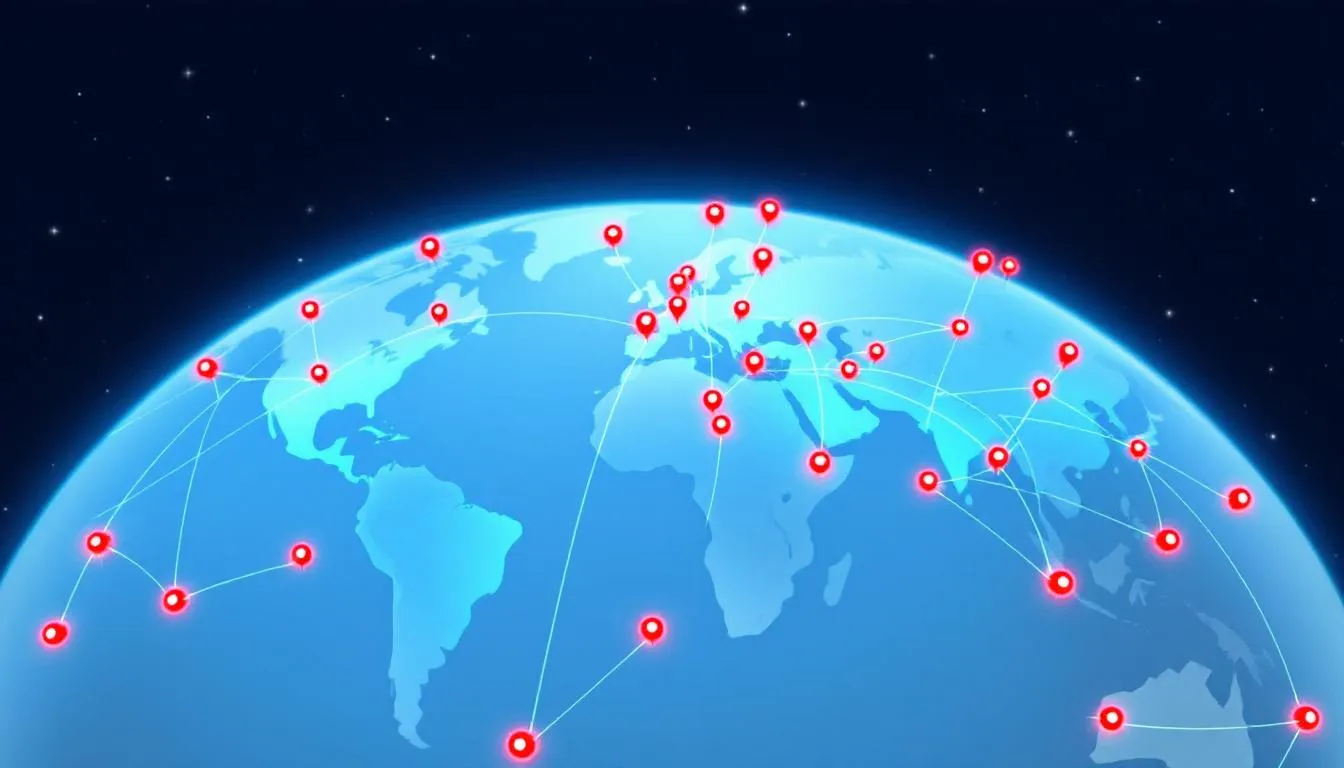 A world map illustrates various global VPN server locations and their connections, highlighting how users can access streaming content through virtual private networks. This image emphasizes the importance of VPN services for streaming platforms, allowing users to bypass geo-restrictions and maintain secure internet connections while using popular streaming services.